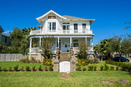 Galveston, Texas USA - November 3, 2019: The Silk Stocking Residential Historic District contains beautifully restored vintage homes of the Queen Anne architecture style.のeditorial素材