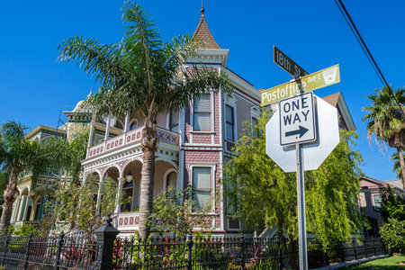 Galveston, Texas USA - November 3, 2019: The Silk Stocking Residential Historic District contains beautifully restored vintage homes of the Queen Anne architecture style.のeditorial素材
