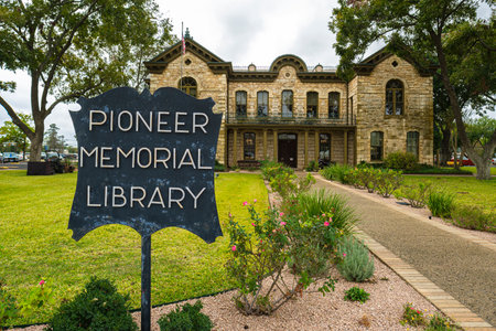 Fredericksburg, Texas USA - October 28, 2019: Vintage limestone courthouse building built in 1882 is now a library in this small Texas Hill Country town.のeditorial素材