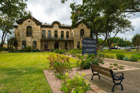 Fredericksburg, Texas USA - October 28, 2019: Vintage limestone courthouse building built in 1882 is now a library in this small Texas Hill Country town.のeditorial素材