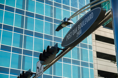 Cityscape sign view in the uptown Houston, Texas business district.のeditorial素材