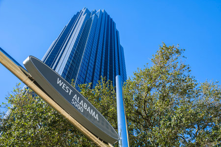 Cityscape sign view in the uptown Houston, Texas business district.