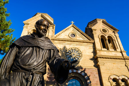 Santa Fe, New Mexico USA - October 22, 2019: The statue of Saint Francis of Assisi, the patron saint of Santa Fe, outside the Cathedral named in his honor.のeditorial素材