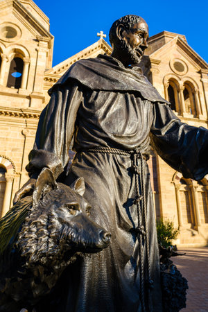 Santa Fe, New Mexico USA - October 22, 2019: The statue of Saint Francis of Assisi, the patron saint of Santa Fe and animals, outside the Cathedral named in his honor.のeditorial素材