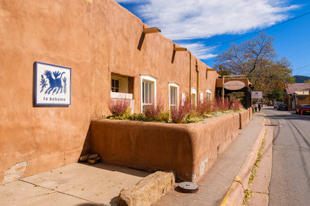 Santa Fe, New Mexico USA - October 23, 2019: Popular Canyon Road in the downtown district is lined with art galleries and sculpture exhibits along the road.のeditorial素材
