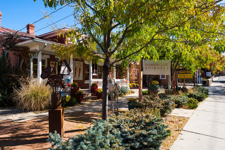 Santa Fe, New Mexico USA - October 23, 2019: Popular Canyon Road in the downtown district is lined with art galleries and sculpture exhibits along the road.のeditorial素材
