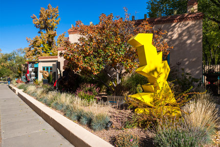 Santa Fe, New Mexico USA - October 23, 2019: Popular Canyon Road in the downtown district is lined with art galleries and sculpture exhibits along the road.のeditorial素材