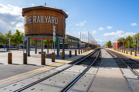 Santa Fe, New Mexico USA - October 24, 2019: Cityscape view of the popular Railyard arts district containing art galleries, restaurants and shops.のeditorial素材