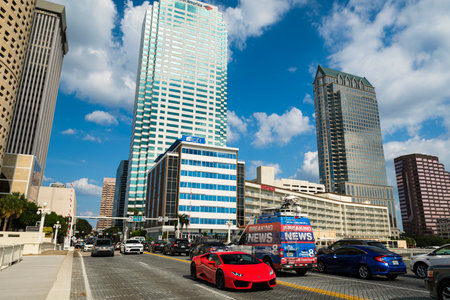 Tampa, Florida USA - September 26, 2019: Cityscape view of downtown Tampa traffic on the Kennedy Bridge over the Hillsborough River at rush hour.のeditorial素材