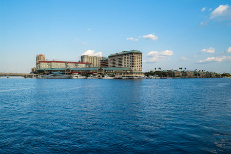 Tampa, Florida USA - September 26, 2019: Skyline view of downtown Tampa along the Hillsborough River with Harbour Island in the background.のeditorial素材