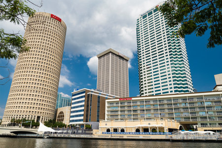 Tampa, Florida USA - September 26, 2019: Cityscape view of the Riverwalk area in downtown Tampa along the Hillsborough River.のeditorial素材