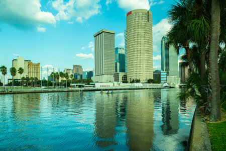 Tampa, Florida USA - September 26, 2019: Tourists enjoying the sights on cycleboats along the Hillsborough River in the downtown district.のeditorial素材