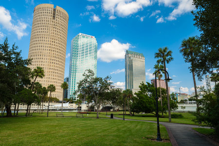 Tampa, Florida USA - September 26, 2019: Skyline view of downtown Tampa along the Hillsborough River from Plant Park next to the University of Tampa campus.のeditorial素材