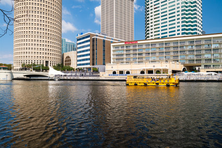 Tampa, Florida USA - September 26, 2019: Cityscape view of the Riverwalk area in downtown Tampa along the Hillsborough River.のeditorial素材