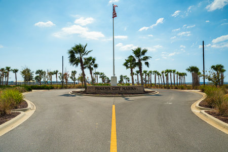Panama City, Florida USA - September 28, 2019: Entrance to the city marina that is still closed due to the effects of Hurricane Michael on October 10, 2018.のeditorial素材