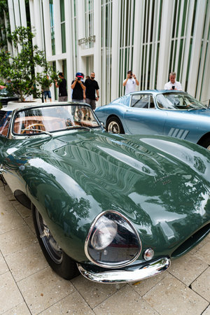 Miami, Florida USA - February 16, 2020: Vintage exotic Jaguar and Ferrari sports cars on display at the public Miami Concours car show in the upscale Design District.のeditorial素材
