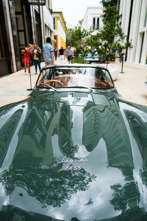 Miami, Florida USA - February 16, 2020: Vintage exotic Jaguar and Ferrari sports cars on display at the public Miami Concours car show in the upscale Design District.のeditorial素材