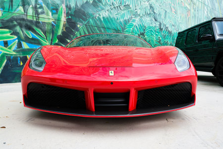 Miami, Florida USA - February 16, 2020: Exotic Ferrari supercar on display at the public Miami...