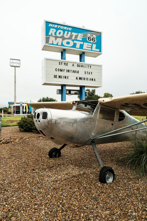 Tucumcari, New Mexico USA - October 4, 2019: Cityscape view of the vintage buildings and signs along...