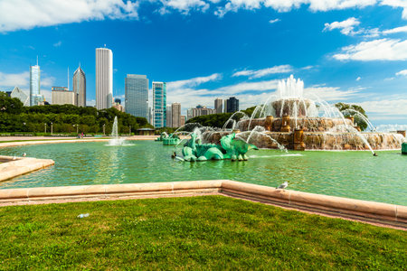 Chicago, Illinois USA - August 8, 2011: Grant Park cityscape with the Buckingham Fountain and the downtown skyline view.