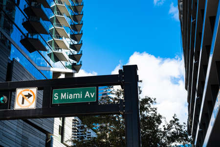 Cityscape sign view in the downtown Brickell district in Miami.の写真素材