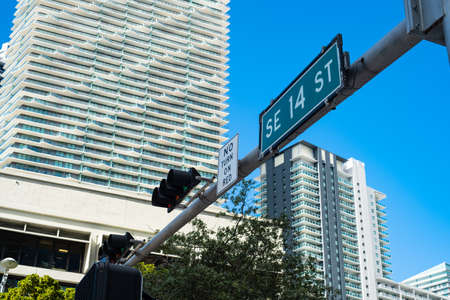 Cityscape sign view in the downtown Brickell district in Miami.