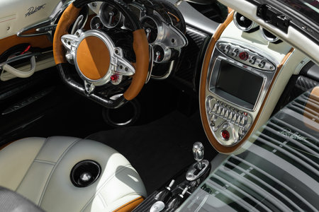 Miami, Florida USA - February 20, 2022: Exotic Ferrari supercar on display at the public Miami...