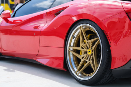 Miami, Florida USA - February 20, 2022: Exotic Ferrari supercar on display at the public Miami Concours car show in the upscale Design District.のeditorial素材
