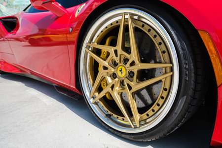 Miami, Florida USA - February 20, 2022: Close up view of the rear of a exotic Italian Pagani Huayra Roadster supercar on display at the public Miami Concours car show in the upscale Design District.のeditorial素材