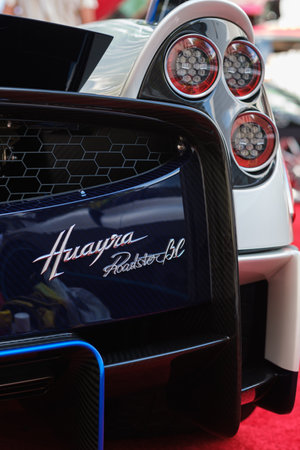 Miami, Florida USA - February 20, 2022: Close up view of the rear of a exotic Italian Pagani Huayra Roadster supercar on display at the public Miami Concours car show in the upscale Design District.のeditorial素材