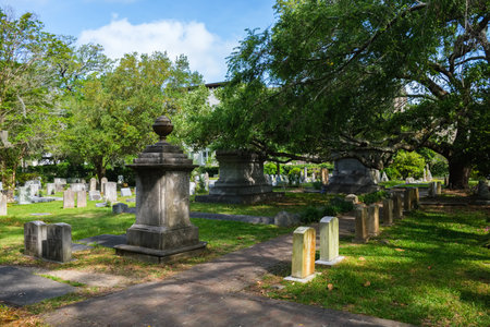 Charleston, South Carolina USA - May 3, 2022: The St. Philip's Church West Cemetery dating back to the 1800s in the historic French Quarter district.のeditorial素材