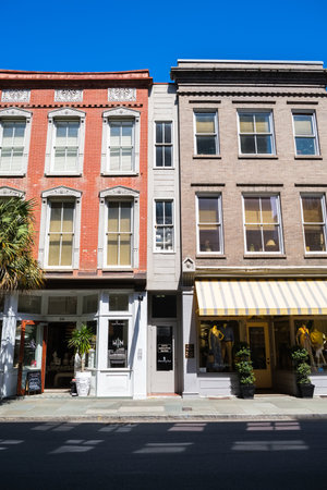 Charleston, South Carolina USA - May 3, 2022: Vintage retail commercial buildings located in the historic downtown district on King Street.のeditorial素材