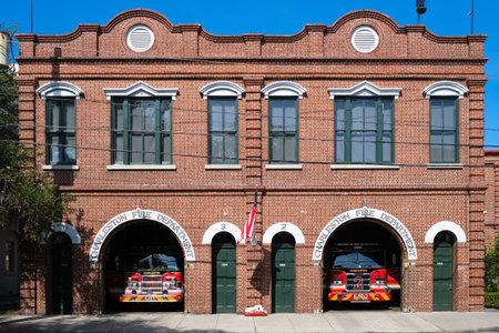 Charleston, South Carolina USA - May 3, 2022: The beautiful vintage architecture of the Fire Department building on Calhoun Street in the historic downtown diistrict.のeditorial素材