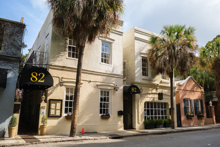 Charleston, South Carolina USA - May 3, 2022: The upscale 82 Queen restaurant in the historic downtown district on Queen Street.のeditorial素材