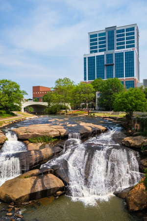 Greenville, South Carolina USA - May 4, 2022: Downtown cityscape view of the popular Falls Park on the Reedy in this charming southern town.のeditorial素材