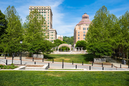 Asheville, North Carolina USA - May 5, 2022: Cityscape view of the municipal buildings in the downtown district of this popular small town visitor destination in the Blue Ridge mountains.のeditorial素材