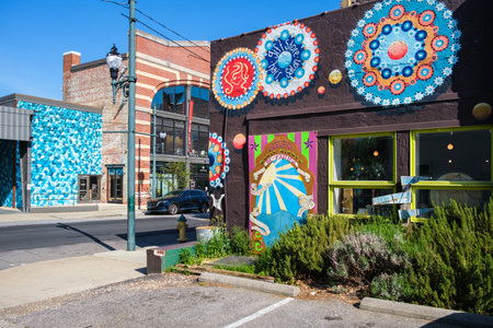 Asheville, North Carolina USA - May 5, 2022: Cityscape of the downtown urban retail district of this popular small town visitor destination in the Blue Ridge mountains.のeditorial素材