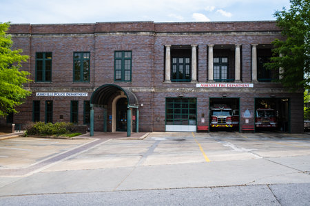 Asheville, North Carolina USA - May 5, 2022: Cityscape view of the police and fire departmentl...