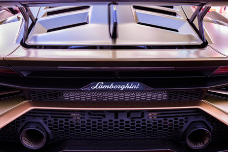 Miami, Florida USA - February 19, 2023: Exotic Lamborghini Huracan STO supercar on display at the public Miami Concours car show in the upscale Design Districtのeditorial素材