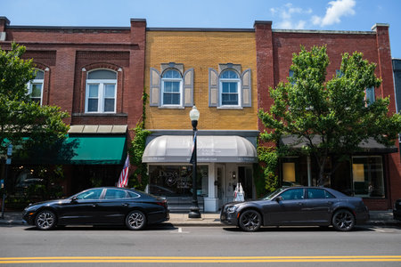 Franklin, Tennessee USA - May 12, 2023: Cityscape view with vintage architecture along Main Street...