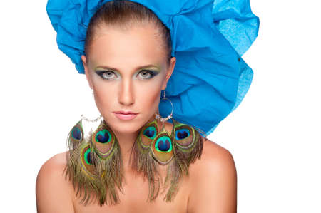 woman in a blue dress on the isolated backgroundの写真素材