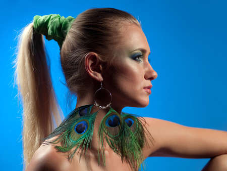portrait of a woman in a blue backgroundの写真素材
