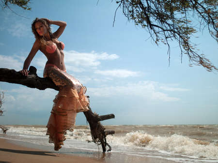 woman in exotic dress sitting on a branch on the beachの写真素材