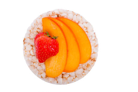 Sandwich with peach and strawberries on a rice breadの写真素材
