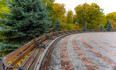 Autumn park with benches and an areaの写真素材