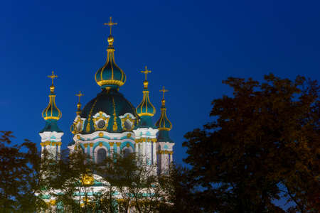 Night photo of St. Andrew Orthodox Church in Kiev.の写真素材