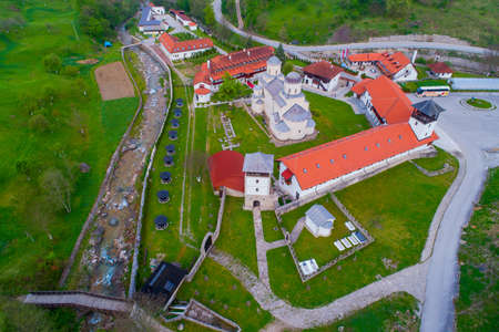 Orthodox monastery Mileseva in the mountains aerial view. Serbia