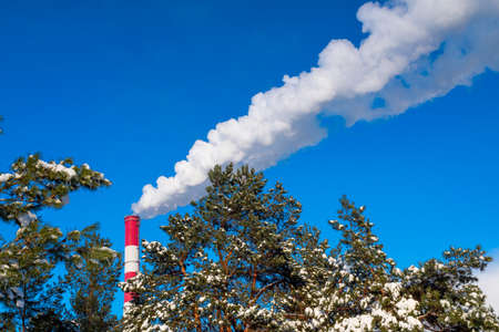 Industrial chimney with smoke on the background of a forest in winter.