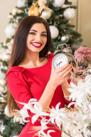 Young brunette woman with a smile near the Christmas tree.