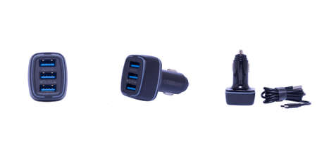 Car charger for 3 usb ports on an isolated background.の写真素材